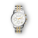 Michael Kors MK5057 ezüst-arany színű karóra, fehér számlap, krónográf funkcióval.