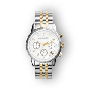 Michael Kors MK5057 ezüst-arany színű karóra, fehér számlap, krónográf funkcióval.