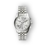 Ezüst színű Michael Kors Lexington MK5555 karóra, fehér számlappal és kronográf funkcióval.