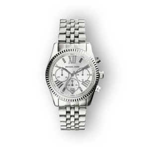 Ezüst színű Michael Kors Lexington MK5555 karóra, fehér számlappal és kronográf funkcióval.