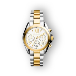 Két színű fém karóra, fehér számlappal, Michael Kors Bradshaw MK5974 modell.