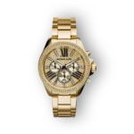 Gold-tone Michael Kors Wren MK6095 watch with a sparkling bezel, patterned dial, and three subdials, set against a black background.
