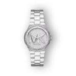 Ezüst színű Michael Kors Lennox MK7234 karóra, díszített számlap és logóval.