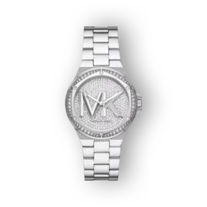 Ezüst színű Michael Kors Lennox MK7234 karóra, díszített számlap és logóval.