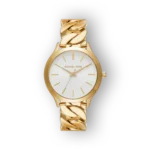 Michael Kors arany színű karóra, fehér számlappal és láncszerű szíjjal.