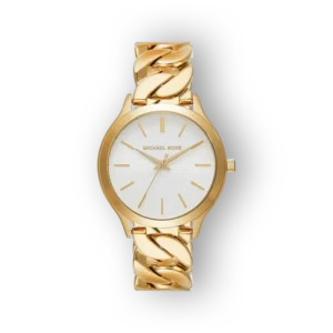 Michael Kors arany színű karóra, fehér számlappal és láncszerű szíjjal.