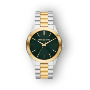 Michael Kors fém szíjas karóra elölnézete zöld számlappal