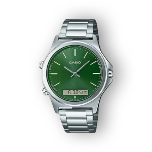 Casio MTP-VC01D-3EUDF zöld számlapos, ezüst színű karóra digitális kijelzővel.