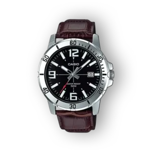 Casio klasszikus karóra fekete számlappal és barna szíjjal