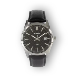 Casio férfi karóra fekete bőrszíjjal előlnézetben