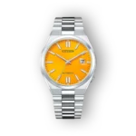 Citizen NJ0150-81Z automatika óra élénk sárga számlappal és fényes acél szíjjal.