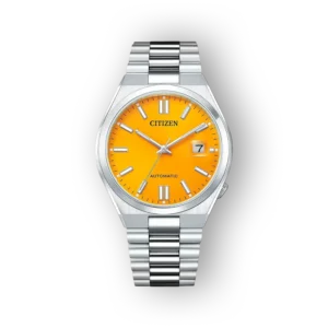 Citizen NJ0150-81Z automatika óra élénk sárga számlappal és fényes acél szíjjal.