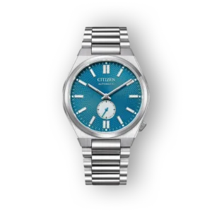 Citizen NK5010-51L automata óra ezüst szíjjal, élénk kék számlappal és részletes mintázattal.