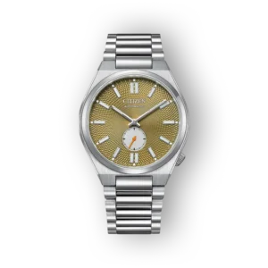 Citizen NK5010-51X karóra, arany színű számlappal és ezüstszínű fém szíjjal. Automatikus mechanizmus, elegáns dizájn.