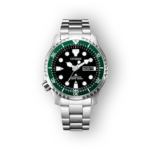 Citizen Promaster NY0084-89EE óra zöld kerettel és fekete számlappal, ezüst szíjjal, vízálló kivitelben.