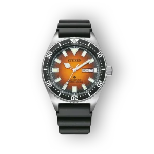 Citizen Promaster NY0120-01ZE automata óra narancs és fekete színes számlappal, ütésálló műanyag szíjjal.