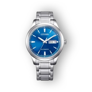 Citizen automata óra, kék számlappal és fémszíjjal, hétfői dátumkijelzéssel.