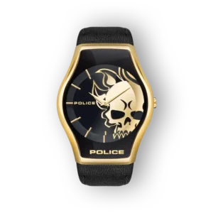Aranyszínű Police karóra koponyás dizájnnal, fekete szíjjal.