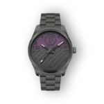 Black metal watch with a purple, textured dial featuring the word "POLICE" and diagonal lines; silver hands with a yellow accent.