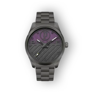 Black metal watch with a purple, textured dial featuring the word "POLICE" and diagonal lines; silver hands with a yellow accent.