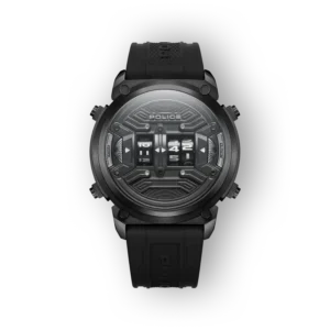 Police fekete karóra elölnézetben, modern számlappal.