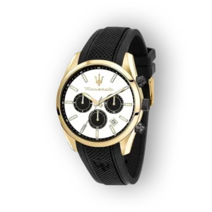 Maserati R8851151001 kronográf óra fekete szilikon szíjjal és aranyozott számlappal.