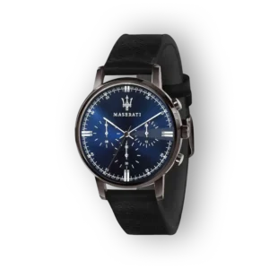 Maserati R8853100035 karóra, fekete bőrszíjjal és kék számlappal.