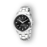 Maserati férfi karóra ezüst szíjjal és fekete számlappal, 50 méter vízállósággal.