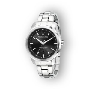 Maserati férfi karóra ezüst szíjjal és fekete számlappal, 50 méter vízállósággal.
