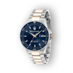 Maserati férfi karóra kék számlappal, ezüst és rózsaarany szíjjal, 100 méteres vízállósággal.