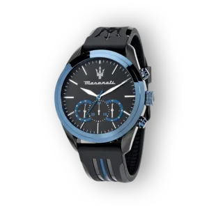 Fekete Maserati karóra kék részletekkel, sportos dizájnnal és analóg számlappal.
