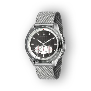 Maserati férfi óra ezüst hálós szíjjal, fekete számlap fehér és vörös részletekkel.