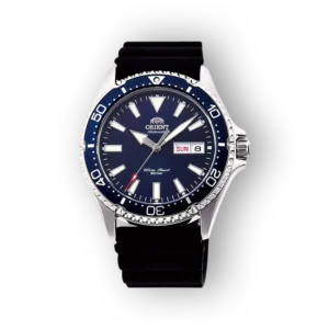 Orient Mako III watch with a navy blue dial, silver hour markers, and a black rubber strap; features a day-date display.