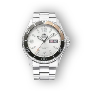 Silver Orient Kamasu watch with a white dial, black and silver bezel, displaying date and day features, on a metal bracelet.