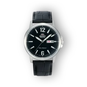 Orient automata karóra, fekete szíjjal, elölnézetből