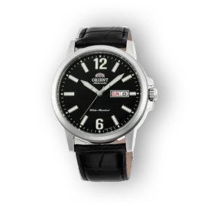 Orient Automatic karóra fekete számlappal és bőrszíjjal.