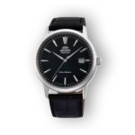 Orient Symphony III automata óra fekete számlappal és bőrszíjjal.