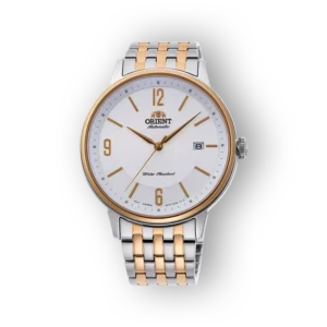 Silver and gold-tone Orient automatic watch featuring a white dial, gold markers, and a date display, set against a black background.