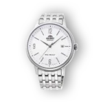 Orient fehér számlapos automata óra ezüstszínű szíjjal.