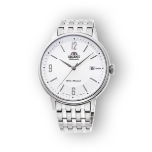 Orient fehér számlapos automata óra ezüstszínű szíjjal.