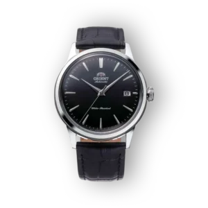 Orient watch with a black dial, silver hour markers, date display at 3 o'clock, and a black leather strap on a black background.