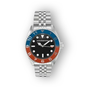 Roccobarocco RB.4886M-03M órája kék-piros kerettel és fekete számlappal.