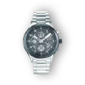 Luxus karóra ezüst színű fémszíjjal és áttetsző számlappal