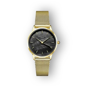 Rosefield Pearl Edit Mesh karóra arany színű fémszíjjal és fekete számlappal.