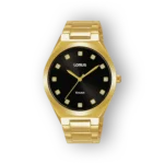 Lorus RG206WX9 arany színű karóra fekete számlappal és strasszkövekkel.