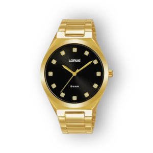 Lorus RG206WX9 arany színű karóra fekete számlappal és strasszkövekkel.