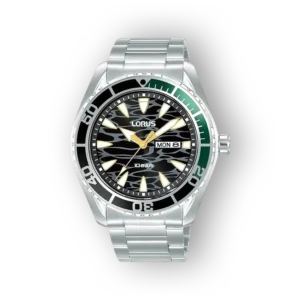 Lorus RH385AX9 ezüst színű óra fekete számlappal, zöld és sárga részletekkel, hétfő és nap dátumkijelzéssel.