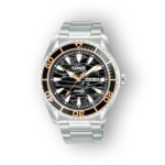 Lorus RH387AX9 férfi karóra ezüst szíjjal, fekete számlappal és aranyszínű részletekkel.