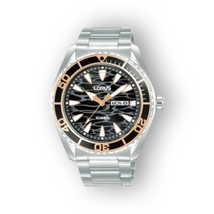 Lorus RH387AX9 férfi karóra ezüst szíjjal, fekete számlappal és aranyszínű részletekkel.