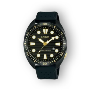 Lorus fekete karóra aranyszínű részletekkel, 100 méteres vízállósággal és gumis szíjjal.